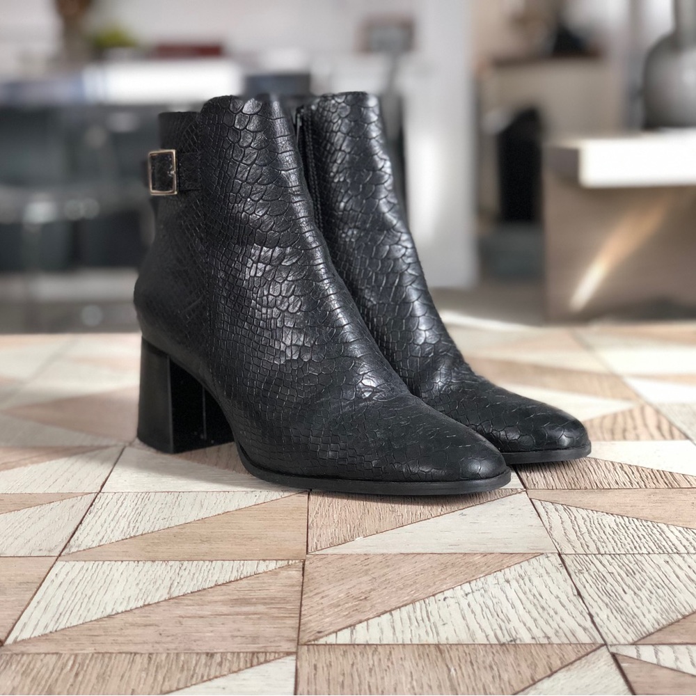 Antonio de Falia, Camila Embossed Black Leather Heeled Ankle Boots, 8